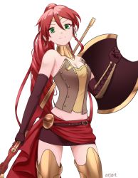 Rule 34 | 1girl, ar jart, armlet, armor, armored boots, belt, boots, breastplate, breasts, buckle, circlet, cleavage, elbow gloves, forehead protector, gloves, gorget, green eyes, javelin (spear), leg armor, long hair, looking at another, milo and akouo, miniskirt, polearm, ponytail, pyrrha nikos, red hair, rwby, sarong, shield, skirt, smile, solo, spear, vambraces, weapon, weapon behind back