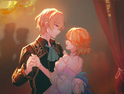 Rule 34 | 1boy, 1girl, ascot, ball, black shirt, blonde hair, blue ascot, bracelet, braid, closed eyes, closed mouth, collared shirt, couple, dancing, dress, gold trim, hand on another&#039;s waist, hetero, highres, holding hands, indoors, jewelry, kenneth claremont, medium hair, open mouth, orange hair, pearl bracelet, pearl hair ornament, purple eyes, rbbing233, red curtains, rose fryberg, shirt, smile, volcano princess, white dress