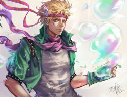 Rule 34 | 1boy, blonde hair, bubble, caesar anthonio zeppeli, closed mouth, facial mark, fan ju, feather hair ornament, feathers, fingerless gloves, gloves, green eyes, green gloves, green jacket, hair ornament, headband, highres, hydrokinesis, jacket, jojo no kimyou na bouken, looking at viewer, male focus, pink scarf, scarf, shirt, short hair, signature, solo, water, white shirt