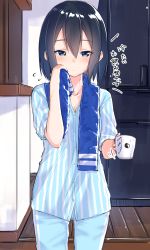 Rule 34 | 1girl, blouse, blue eyes, blue pajamas, blue pants, blue shirt, blue towel, breasts, coffee mug, commentary request, cup, hair between eyes, holding, holding cup, long hair, looking at viewer, mug, original, pajamas, pants, shirt, short hair, short sleeves, sleepy, solo, standing, striped clothes, striped shirt, suzunari shizuku, towel, towel around neck, translated, vertical-striped clothes, vertical-striped shirt, yuki arare
