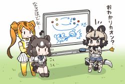 Rule 34 | 10s, 3girls, african wild dog (kemono friends), animal ears, bear ears, bow, bowtie, brown bear (kemono friends), chibi, circlet, commentary request, dog ears, dog tail, elbow gloves, gloves, golden snub-nosed monkey (kemono friends), kemono friends, kemono friends pavilion, leotard, long hair, long sleeves, marker, monkey ears, monkey tail, multicolored hair, multiple girls, open mouth, ponytail, shirt, short hair, short sleeves, shorts, simple background, skirt, tail, tanaka kusao, thighhighs, translation request, white background, whiteboard