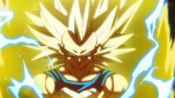 aura blue_bodysuit bodysuit crossed_arms dragon_ball dragon_ball_daima electricity green_eyes highres long_hair male_focus merik_(merimo) muscular muscular_male no_eyebrows spiked_hair super_saiyan super_saiyan_3 upper_body vegeta