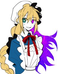 Rule 34 | 1girl, apron, blonde hair, blue dress, blue sleeves, braid, collar, collared dress, dress, dual-personality maid amy, frilled apron, frills, green eyes, guardian tales, hat, heterochromia, highres, juliet sleeves, long hair, long sleeves, looking at viewer, maid, mob cap, multicolored hair, nervous smile, open mouth, puffy sleeves, purple eyes, purple hair, simple background, single braid, smile, solo, split theme, sweat, teeth, tiankong yiji, two-tone hair, upper body, very long hair, white apron, white background, white collar, white hat