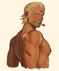 Rule 34 | 1boy, back, bara, beard stubble, blonde hair, blush, cigar, cropped torso, dark-skinned male, dark skin, facial hair, hair slicked back, highres, jakkenpoy, lipstick mark, lipstick mark on face, male focus, medium hair, mouth hold, muscular, muscular male, mustache stubble, nipples, one piece, open mouth, paulie, pectorals, scar, scar on back, scar on chest, scar on shoulder, simple background, solo, stubble, topless male, yellow background