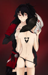 Rule 34 | 2girls, ass, bare back, black hair, breasts, choker, cinder fall, earrings, elbow gloves, gloves, highres, jewelry, long hair, mask, multiple girls, nail polish, nipples, panties, ponytail, raven branwen, red eyes, rwby, scratches, scratching, tattoo, underwear, undressing, yaya (y8ay8a), yuri