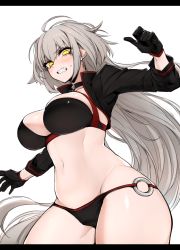 Rule 34 | 1girl, ahoge, bikini, black bikini, black jacket, blush, breasts, choker, cleavage, clenched teeth, collarbone, commentary request, cowboy shot, cropped jacket, eyelashes, fate/grand order, fate (series), from below, hair between eyes, highres, j.k., jacket, jeanne d&#039;arc alter (swimsuit berserker) (fate), jeanne d&#039;arc (fate), jeanne d&#039;arc alter (fate), jeanne d&#039;arc alter (swimsuit berserker) (fate), large breasts, letterboxed, long hair, looking at viewer, o-ring, shrug (clothing), simple background, skindentation, solo, swimsuit, teeth, thighs, white background, yellow eyes