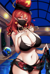 Rule 34 | 1girl, alternate costume, bare shoulders, belt collar, bikini, black bikini, black collar, black mask, black sarong, breasts, chain, cleavage, clothes lift, collar, column, commentary request, cowboy shot, earrings, groin, half-closed eyes, hand on own chest, head tilt, headgear, heart, hecatia lapislazuli, highleg, highleg bikini, highres, indoors, jewelry, large breasts, lifting own clothes, looking at viewer, mask, medium hair, mouth mask, nail polish, navel, night, no pupils, pillar, pointy ears, pool, poolside, raptor7, red eyes, red hair, red nails, sarong, sarong lift, skylight, solo, standing, stomach, swimsuit, touhou
