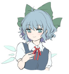 Rule 34 | 1girl, blouse, blue dress, blue eyes, blue hair, blush, bow, cirno, closed mouth, collared shirt, cropped torso, dress, fairy wings, green bow, hair between eyes, hair bow, highres, kuromame (8gou), looking at viewer, neck ribbon, pinafore dress, puffy short sleeves, puffy sleeves, red ribbon, ribbon, shirt, short hair, short sleeves, simple background, sleeveless dress, smile, solo, touhou, upper body, wavy hair, white background, white shirt, wings