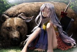 Rule 34 | 1girl, bear, bird, bow, commentary request, day, detached sleeves, dress, eyes visible through hair, hair over one eye, hatchet, long hair, looking at viewer, multicolored clothes, multicolored dress, nata (tool), outdoors, red bow, red eyes, ryosios, sakata nemuno, silver hair, single strap, sitting, smile, solo, touhou, v arms, very long hair, wavy hair, weapon