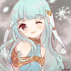 Rule 34 | 1girl, artist name, bare shoulders, blue dress, blue hair, closed mouth, cloud, cloudy sky, commentary, dress, english commentary, eyelashes, fire emblem, fire emblem fates, gold choker, hair ribbon, kikkidream, light blush, lips, long hair, looking at viewer, lowres, ninian (fire emblem), nintendo, one eye closed, outdoors, red eyes, ribbon, sky, sleeveless, sleeveless dress, smile, snow, snowflakes, solo, triangle print, upper body, white ribbon