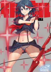 Rule 34 | 1girl, adjusting clothes, adjusting gloves, artist name, black hair, bra, breasts, collarbone, commentary request, copyright name, gloves, gonster, grey background, highres, kill la kill, lips, looking at viewer, matoi ryuuko, midriff, multicolored hair, navel, panties, pantyshot, pleated skirt, red eyes, red gloves, red hair, school uniform, scissor blade (kill la kill), senketsu, short hair, short sleeves, signature, simple background, skirt, stomach, striped clothes, striped panties, sword, two-tone hair, underwear, weapon