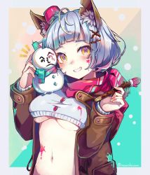Rule 34 | 1girl, animal ear fluff, animal ears, aqua scarf, blue hair, breasts, brown coat, bucket hat, coat, crop top, fox ears, freckles, fringe trim, grey sweater, grin, hair ornament, hands up, hat, head tilt, highres, holding, holding pen, long sleeves, medium breasts, mini hat, mittens, navel, nou (nounknown), open clothes, open coat, original, paint splatter, paint splatter on face, pen, red mittens, red scarf, scarf, short hair, sleeves past wrists, smile, snowman, solo, stomach, sweater, twitter username, underbust, upper body, x hair ornament, yellow eyes