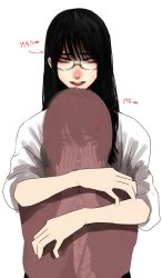 Rule 34 | 2girls, black hair, covering face, embarrassed, glasses, grey eyes, height, height difference, highres, hoshi san 3, hug, hug from behind, long hair, looking at viewer, mole, mole under eye, mole under mouth, multiple girls, original, parted lips, shirt, simple background, smile, solo focus, white background, white shirt, yamifuka-san (hoshi san 3), yuri