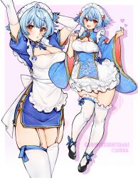 Rule 34 | apron, blue hair, blush, borrowed character, breasts, chinese clothes, cleavage, commission, dress, frilled apron, frilled dress, frills, japanese clothes, long sleeves, maid, maid apron, maid headdress, open mouth, orange eyes, original, pikkumyy, puffy sleeves, short hair, skeb commission, solo, thighhighs, thighs, waist apron, white apron, white thighhighs, wide sleeves