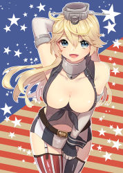 Rule 34 | 10s, 1girl, absurdres, akagi kurage, american flag, american flag legwear, blonde hair, blue eyes, breasts, cleavage, clothes writing, elbow gloves, fingerless gloves, garter straps, gloves, highres, iowa (kancolle), kantai collection, large breasts, leaning forward, long hair, looking at viewer, miniskirt, skirt, solo, thighhighs, zettai ryouiki