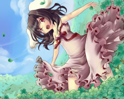 Rule 34 | 1girl, adapted costume, animal ears, black hair, blush, brown eyes, brown hair, rabbit ears, carrot, clover, dress, female focus, four-leaf clover, inaba tewi, jewelry, looking at viewer, open mouth, outstretched arms, pendant, sesield, short hair, smile, solo, spread arms, touhou