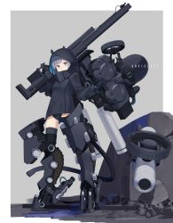 Rule 34 | 1girl, blue eyes, blue hair, border, commentary request, english text, expressionless, full body, grey background, gun, highres, hood, hood up, index finger raised, looking at viewer, makadamixa, mecha musume, mechanical tail, original, over shoulder, prosthesis, prosthetic arm, prosthetic leg, rifle, rubble, solo, standing, tail, weapon, weapon over shoulder, white border