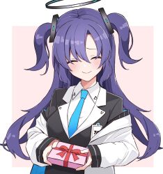 Rule 34 | 1girl, ^ ^, black jacket, blue archive, blue necktie, blush, box, breasts, closed eyes, closed mouth, coat, collared shirt, facing viewer, gift, gift box, halo, highres, holding, holding gift, jacket, long hair, long sleeves, necktie, parted bangs, purple hair, shidoh279, shirt, small breasts, smile, solo, two side up, upper body, white coat, white shirt, yuuka (blue archive)