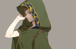 Rule 34 | 10s, 1boy, adjusting clothes, brown eyes, brown hair, cloak, closed mouth, gran (granblue fantasy), granblue fantasy, grey background, hermit (granblue fantasy), hood, hooded cloak, kyata (elnss), looking at viewer, male focus, short hair, simple background, solo, upper body