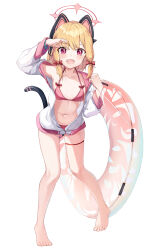 Rule 34 | 1girl, absurdres, alternate costume, animal ear headphones, animal ears, arm up, barefoot, bikini, bikini under clothes, blonde hair, blue archive, blue bracelet, blush, bow, bracelet, breasts, cat ear headphones, cat tail, collarbone, fake animal ears, fake tail, full body, hair bow, halo, hand up, headphones, highres, innertube, jacket, jewelry, low-tied sidelocks, momoi (blue archive), navel, open mouth, pink bikini, pink bow, pink eyes, pink halo, shirokuma (zeroillya), short hair, simple background, small breasts, solo, standing, swim ring, swimsuit, tail, teeth, thigh strap, toes, upper teeth only, white background, white jacket