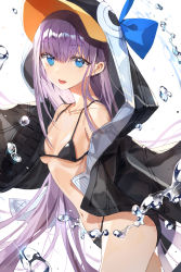 Rule 34 | 1girl, absurdres, animal hood, armor, bare shoulders, bikini, black bikini, black jacket, blue eyes, blue ribbon, blush, breasts, collarbone, fate/grand order, fate (series), greaves, hair between eyes, heom, highres, hood, jacket, long hair, long sleeves, looking at viewer, meltryllis, meltryllis (fate), meltryllis (swimsuit lancer) (fate), meltryllis (swimsuit lancer) (first ascension) (fate), open clothes, open jacket, open mouth, penguin hood, purple hair, ribbon, simple background, sleeves past fingers, sleeves past wrists, small breasts, smile, solo, swimsuit, thighs, very long hair, water, white background