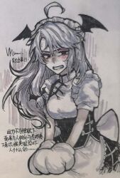 Rule 34 | 1girl, ahoge, apron, bara to tsubaki, black skirt, blue hair, blush, breasts, character request, chinese commentary, chinese text, clenched teeth, commentary request, fang, gloves, head wings, highres, light blue hair, long hair, maid, marker (medium), medium breasts, shirt, skirt, sweat, teeth, traditional media, translation request, white apron, white gloves, white shirt, wings, xianyujunzhimiyingla