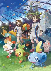 Rule 34 | 1boy, 1girl, alcremie, brown eyes, brown hair, clenched hand, cloud, collared shirt, confetti, creatures (company), day, drednaw, galarian form, galarian weezing, game freak, gen 8 pokemon, gloves, gossifleur, grass, grookey, holding, holding poke ball, nintendo, official art, poke ball, pokemon, pokemon (creature), pokemon swsh, rolycoly, scorbunny, shirt, shorts, single glove, sky, sobble, socks, stadium, standing, starter pokemon trio, swept bangs