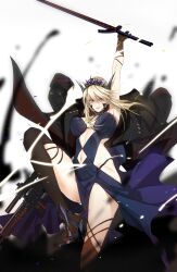 Rule 34 | 1girl, arm up, artoria pendragon (alter swimsuit rider) (fate), artoria pendragon (alter swimsuit rider) (third ascension) (fate), artoria pendragon (fate), artoria pendragon (lancer alter) (fate), black cape, black tiara, blonde hair, breasts, cape, clothing cutout, curvy, duplicate, evil smile, fate/grand order, fate (series), full body, holding, holding sword, holding weapon, juer1004, knee up, kneehighs, large breasts, motion blur, motion lines, navel cutout, pelvic curtain, pixel-perfect duplicate, revealing clothes, sideless outfit, sidelocks, sleeveless, smile, socks, solo, sword, thighs, tiara, weapon, white background, yellow eyes