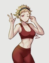 Rule 34 | 1girl, bare shoulders, blonde hair, commission, crop top, fire emblem, fire emblem fates, freckles, highres, looking at viewer, midriff, navel, nintendo, one eye closed, red eyes, rotomdocs, scarlet (fire emblem), sleeveless, smile, sportswear, w