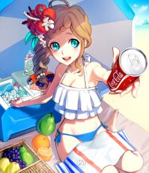 Rule 34 | 1girl, aqua eyes, bad id, bad twitter id, bikini, blonde hair, blue bikini, blue sky, blush, braid, breasts, can, cleavage, cloud, cloudy sky, coca-cola, cooler, curly hair, dated, day, drink can, flower, food, foreshortening, frilled bikini, frills, fruit, grapes, hair flower, hair ornament, halterneck, hibiscus, hieung, holding, holding can, ice, looking at viewer, medium breasts, mismatched bikini, open mouth, orange (fruit), original, outdoors, parasol, pear, picnic basket, red flower, religious offering, side-tie bikini bottom, signature, sitting, sky, smile, soda can, solo, star-shaped pupils, star (symbol), swimsuit, symbol-shaped pupils, tareme, teeth, towel, umbrella, white bikini