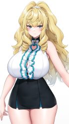 Rule 34 | 1girl, bare shoulders, blonde hair, blue eyes, blunt bangs, blush, bow, bowtie, breasts, brooch, bursting breasts, center frills, cleavage, closed mouth, clothing cutout, covered navel, cowboy shot, dress, drill hair, drill sidelocks, expressionless, frills, heart cutout, highres, huge breasts, jewelry, long hair, looking at viewer, original, sidelocks, simple background, skirt, sleeveless, sleeveless dress, solo, standing, suruga (xsurugax), thick thighs, thighs, twin drills, v-shaped eyebrows, very long hair, wavy hair, white background, white bow, white bowtie, white dress