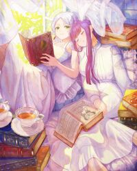 Rule 34 | 2girls, absurdres, bare shoulders, book, book stack, closed eyes, cup, curtains, dress, earrings, fern (sousou no frieren), frieren, green eyes, head on another&#039;s shoulder, highres, holding, holding book, jewelry, long hair, looking at viewer, lying, multiple girls, nakauma, on back, open book, purple hair, saucer, sitting, sleeping, sleeveless, sleeveless dress, smile, sousou no frieren, teacup, white dress, white hair, window