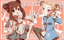 Rule 34 | 2girls, blonde hair, blush, brown hair, china dress, chinese clothes, closed mouth, double bun, dress, ehon chioka, ensemble girls!, hair bun, hair rings, looking at viewer, multicolored background, multiple girls, open mouth, pink background, purple eyes, smile, umezono kana, white background, yumeji maria