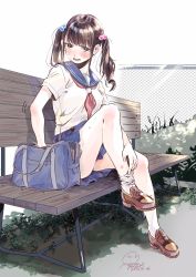 Rule 34 | 1girl, absurdres, bag, bench, blue sailor collar, blue skirt, blush, brown footwear, bruise, chain-link fence, d:, dated, fence, from side, full body, geshumaro, grass, green eyes, hair bobbles, hair ornament, highres, injury, knee up, looking at viewer, miniskirt, necktie, on bench, open mouth, original, pleated skirt, red necktie, sailor collar, school bag, school uniform, serafuku, shirt, shoes, short sleeves, signature, sitting, skirt, socks, solo, twintails, white shirt, white socks