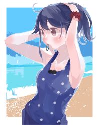 Rule 34 | 1girl, absurdres, ahoge, alternate hairstyle, beach, black hair, blue one-piece swimsuit, blue skirt, blue sky, brown eyes, cloud, cowboy shot, highres, holding, holding own hair, horizon, kantai collection, long hair, mouth hold, ocean, official alternate costume, one-piece swimsuit, pleated skirt, polka dot, polka dot swimsuit, ponytail, skirt, sky, solo, suppaman (rfjy), swimsuit, swimsuit under clothes, ushio (kancolle)
