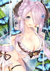Rule 34 | 1girl, 218, :d, animal, arched back, bikini, bikini top only, blush, braid, breasts, bug, butt crack, butterfly, butterfly earrings, cleavage, collarbone, commentary request, curled horns, draph, earrings, fingernails, frilled bikini, frilled bikini top, frills, granblue fantasy, grey eyes, hair ornament, hair over one eye, hands up, horns, insect, jewelry, large breasts, leaning forward, narmaya (granblue fantasy), narmaya (summer) (granblue fantasy), navel, open mouth, pointy ears, purple hair, side-tie bikini bottom, skindentation, smile, solo, swimsuit, thigh strap, water, white bikini