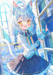 1girl :d animal_ear_fluff animal_ears black_bow black_skirt blue_hair blush book bookshelf bow braid brown_eyes cat_ears cat_girl cat_tail chair collared_shirt commentary_request day english_text fang frilled_skirt frills grey_hair hair_between_eyes hair_bow hair_intakes highres holding holding_book hugging_object ikari_(aor3507) indoors jacket long_hair looking_at_viewer low_twintails multicolored_hair open_mouth original pleated_skirt shirt skirt smile solo sunlight table tail twin_braids twintails two-tone_hair watermark white_jacket white_shirt window