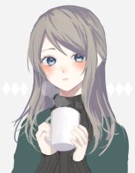 Rule 34 | 1girl, bad id, bad twitter id, blue eyes, blush, cup, grey background, grey hair, grey sweater, holding, holding cup, long hair, long sleeves, looking at viewer, p2 (uxjzz), parted lips, ribbed sweater, solo, steam, sweater, upper body