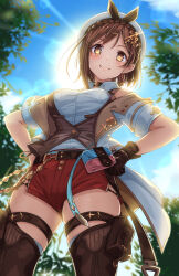 Rule 34 | 1girl, atelier (series), atelier ryza, atelier ryza 3, backlighting, belt, beret, black choker, blue sky, blurry, blurry background, boots, bow, braid, breasts, brown belt, brown eyes, brown footwear, brown gloves, brown hair, brown vest, choker, closed mouth, commentary request, crown braid, detached sleeves, from below, gloves, hair ornament, hairclip, hairpin, hands on own hips, hat, hat bow, highres, jacket, jewelry, large breasts, leather, leather belt, leather gloves, looking at viewer, necklace, open clothes, open jacket, outdoors, pouch, red shorts, reisalin stout, shirt, short hair, short shorts, shorts, single glove, sky, sleeveless, sleeveless jacket, sleeveless shirt, smile, solo, star (symbol), star choker, sun, thigh boots, thigh pouch, thighhighs, tree, vest, white hat, white shirt, white sleeves, white thighhighs, x hair ornament, yanu, yellow jacket