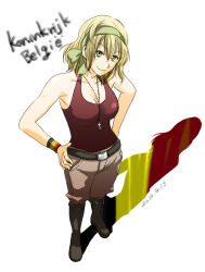 Rule 34 | 1girl, :3, asato (pixiv305334), asato (turuga36), axis powers hetalia, bad id, bad pixiv id, belgium (hetalia), belt, between breasts, blonde hair, boots, breasts, cleavage, cross, female focus, from above, full body, green eyes, hair ribbon, hands on own hips, jewelry, large breasts, necklace, ribbon, shadow, solo, tank top, white background, wristband