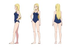 Rule 34 | 1girl, arms at sides, ass, bare arms, barefoot, blonde hair, blue eyes, blue one-piece swimsuit, breasts, character sheet, closed mouth, competition school swimsuit, from side, full body, hand on own hip, highres, jewelry, kneepits, kofune ushio, long hair, looking at viewer, matsumoto miki, medium breasts, multiple views, necklace, official art, one-piece swimsuit, school swimsuit, shell, shell necklace, simple background, smile, standing, summertime render, swimsuit, transparent background