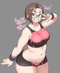 Rule 34 | 1girl, 2020, agawa ryou, artist name, belly, black-framed eyewear, breasts, brown eyes, brown hair, commentary request, dated, grey background, grin, looking at viewer, medium breasts, navel, original, plump, short hair, short shorts, shorts, signature, simple background, smile, solo, thick eyebrows, thick thighs, thighs, v, wide hips