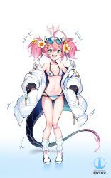 Rule 34 | 1girl, absurdres, ahoge, alternate costume, bandage on knee, bare shoulders, bikini, blue archive, breasts, collarbone, dragon tail, flower, full body, gluteal fold, gradient background, green eyes, hair flower, hair ornament, halo, hands in pockets, highres, horns, huge ahoge, jacket, knees together feet apart, legs, looking at viewer, loose socks, mayoichi, momoka (blue archive), navel, open clothes, open jacket, open mouth, pink hair, pointy ears, sharp teeth, shoes, short hair, short twintails, slit pupils, small breasts, smile, socks, solo, standing, swimsuit, tail, teeth, thigh gap, twintails, white footwear, white jacket, white socks