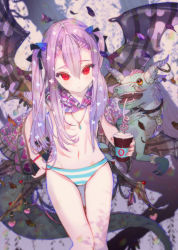 Rule 34 | 1girl, blush, crab d, drink, hand on own hip, highres, horns, jewelry, long hair, necklace, original, panties, purple hair, red eyes, solo, striped clothes, striped panties, topless, tsurime, twintails, underwear, wings