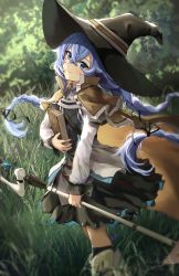 Rule 34 | 1girl, black hat, blue eyes, blue hair, boots, braid, brown capelet, capelet, crossed bangs, day, dress, grass, hair between eyes, hat, highres, holding, holding staff, knee boots, long braid, long hair, looking at viewer, meltyrice, mushoku tensei, outdoors, roxy migurdia, solo, staff, standing, tree, twin braids, witch hat