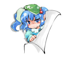 Rule 34 | 1girl, :&gt;, blue eyes, blue hair, blush, camouflage, hair bobbles, hair ornament, hat, kawashiro nitori, matching hair/eyes, shinapuu, short hair, simple background, smile, solo, touhou, twintails, two side up, white background