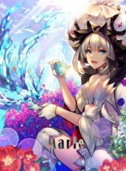 Rule 34 | 1girl, blue eyes, breasts, character name, cup, eu (euspia), fate/grand order, fate (series), flower, highres, looking at viewer, marie antoinette (fate), marie antoinette (third ascension) (fate), red flower, red rose, rose, solo, teacup