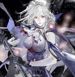 Rule 34 | 1girl, abstract background, arknights, ascot, bare shoulders, black dress, black gloves, black headwear, blood, blood on clothes, breasts, chinese commentary, colored skin, commentary request, dress, earrings, floating hair, gladiia (arknights), gloves, hair in own mouth, highres, holding, holding polearm, holding weapon, jewelry, looking at viewer, medium breasts, noir (ibaraki), pointy ears, polearm, red eyes, silver hair, single earring, upper body, weapon, weibo watermark, white ascot, white skin