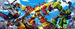 Rule 34 | battle, blue sky, bruticus, character request, clenched hand, day, devastator (transformers), firing, glaucosilvaart, highres, mecha, no humans, outdoors, predaking (transformers), punching, robot, rubble, sky, smoke, transformers