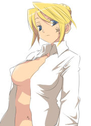 Rule 34 | 1girl, blonde hair, blouse, blue eyes, breasts, cecilia, cecilia (pangya), covered erect nipples, dress shirt, facial mark, frown, hair bun, hermmy, large breasts, navel, no bra, open clothes, open shirt, pangya, shirt, simple background, single hair bun, solo, white background, white shirt